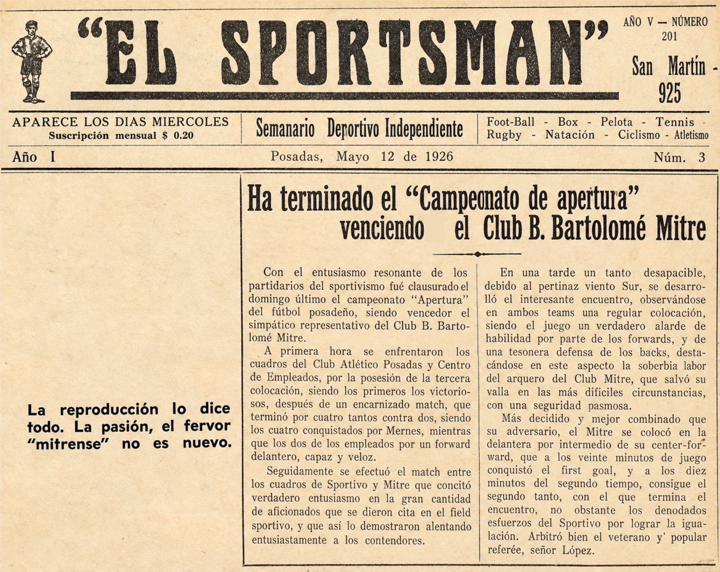 Recorte del diario deportivo El Sporstman, del 14 de mayo de 1930, con el anuncio del título de campeón de Mitre.