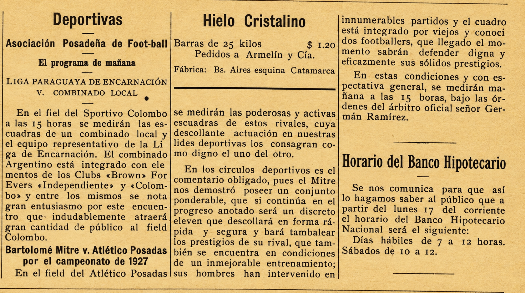 Recorte del diario La Tarde, del 15 de octubre de 1927, con el anuncio de la final entre Atlético Posadas y Mitre.