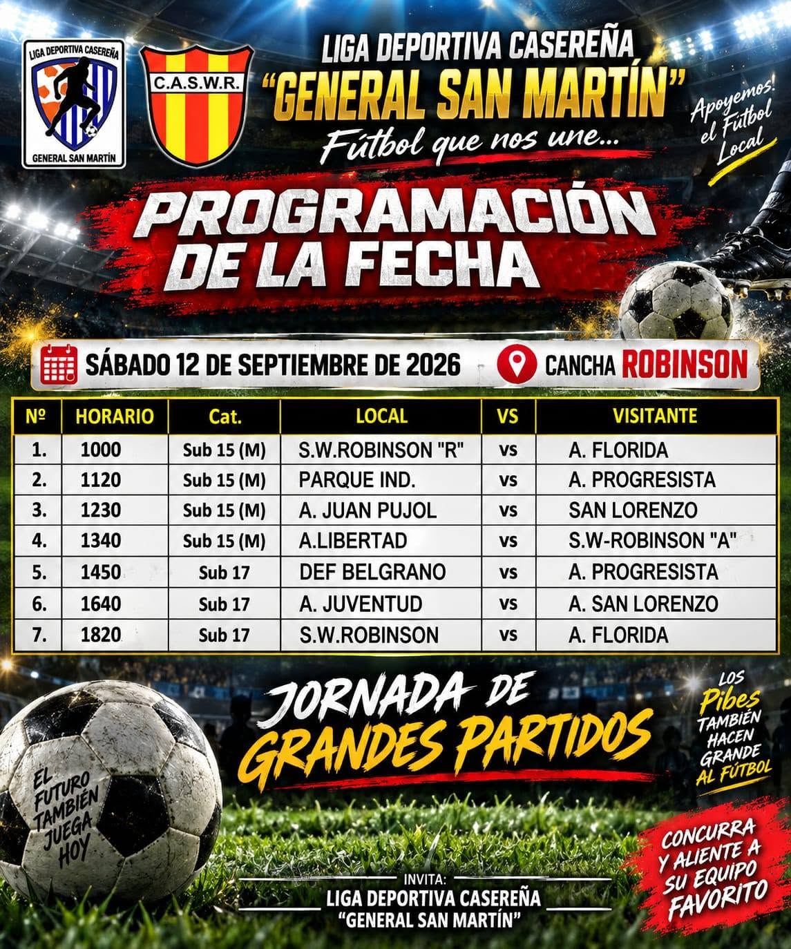 La liga casereña se prepara para una intensa jornada de fútbol juvenil en Cancha de Robinson